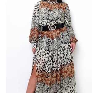 Leopard print maxi dress with attached belt